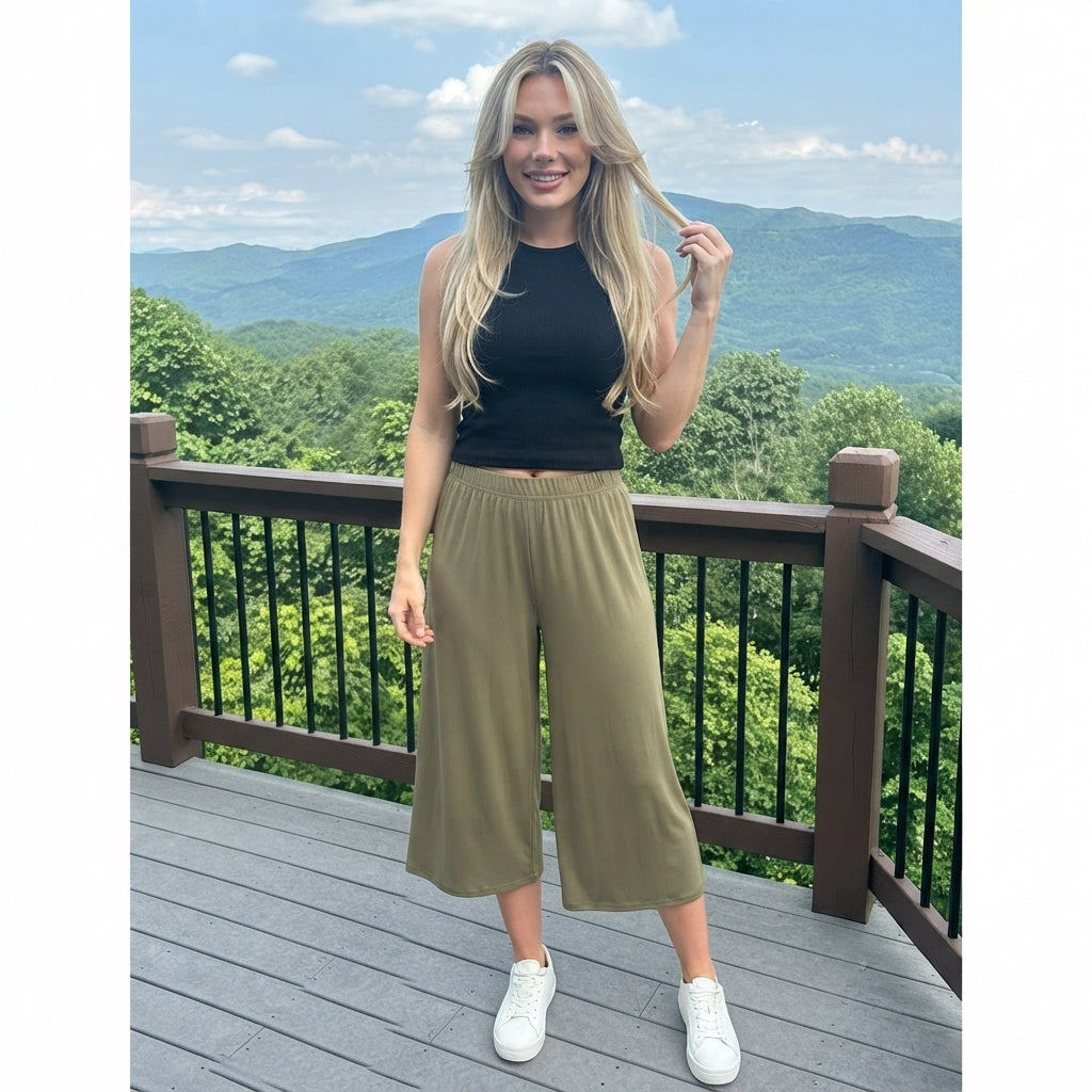LUXE DIVA Women's Wide Leg 3/4 Length Palazzo Trousers Elasticated Waist Sizes 8-26