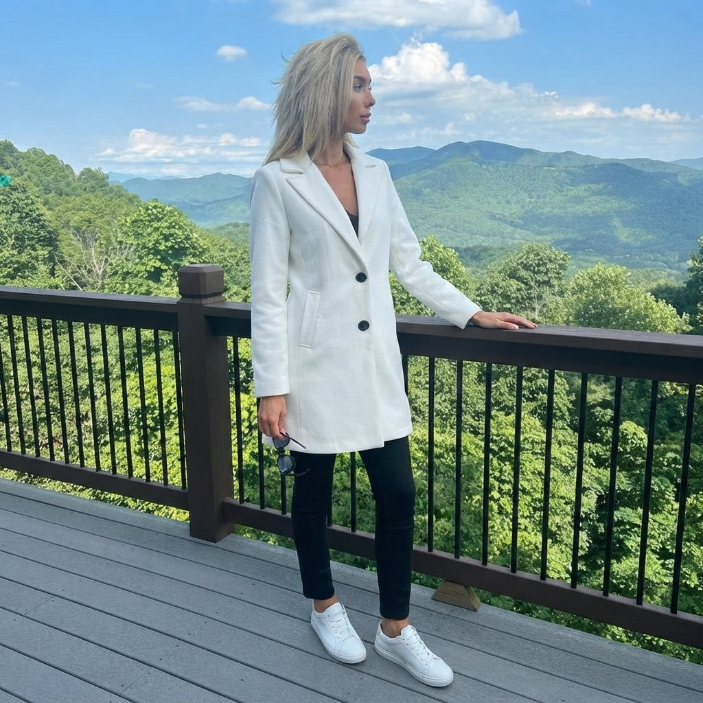 LUXE DIVA Women's Italian Wool Look Jacket 2 Pocket Long Sleeve Collared Button Coat