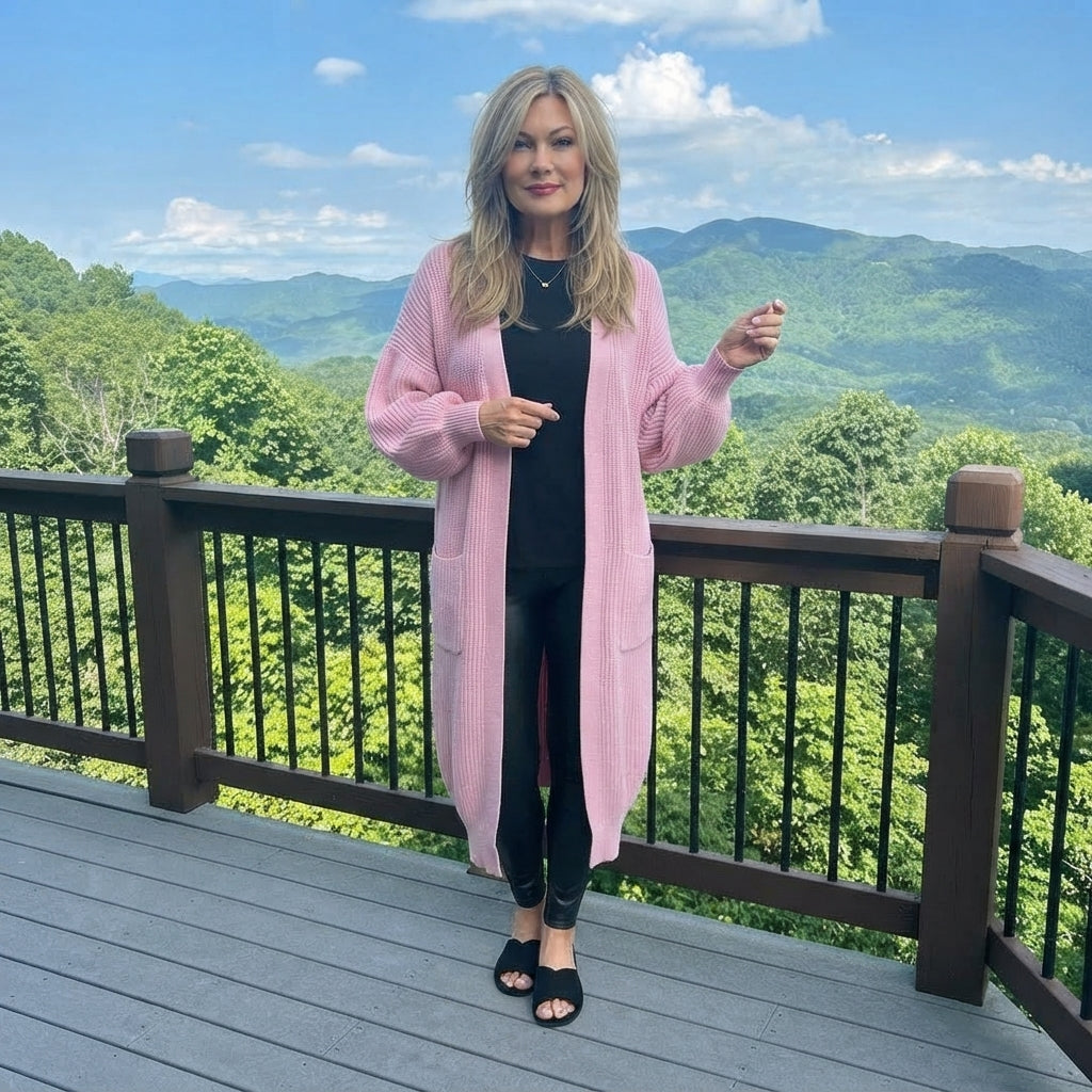 LUXE DIVA Women's Oversized Long Cardigan Chunky Ribbed Balloon Sleeve 2 Pocket