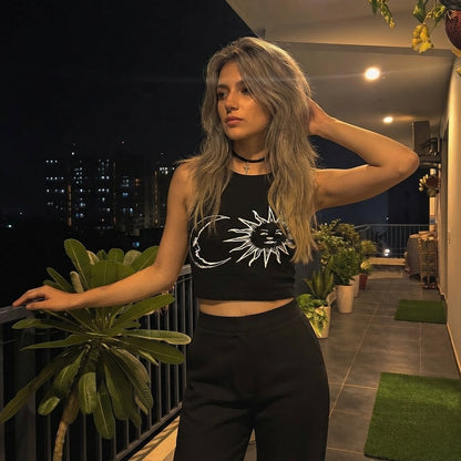 LUXE DIVA Women's Sun & Moon Print Halter Neck Crop Top Celestial Summer
