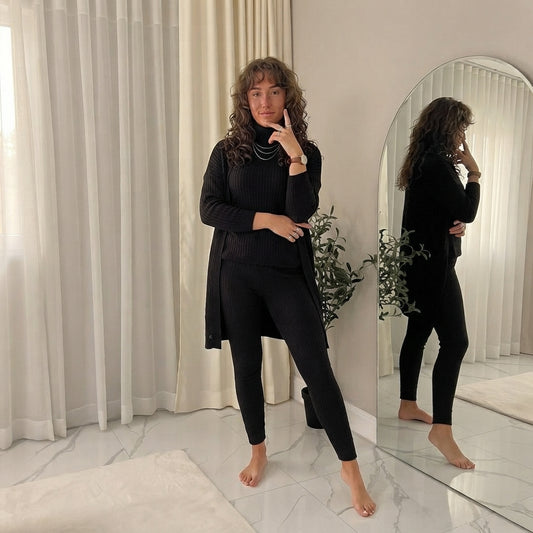 Women's Long Sleeve Knit 3 Piece Roll Neck Chunky Knitted Top Open Cardigan Tracksuit Ladies Ribbed Sleeveless Jumper Elasticated Legging Lounge Wear Set Suit UK 8-14