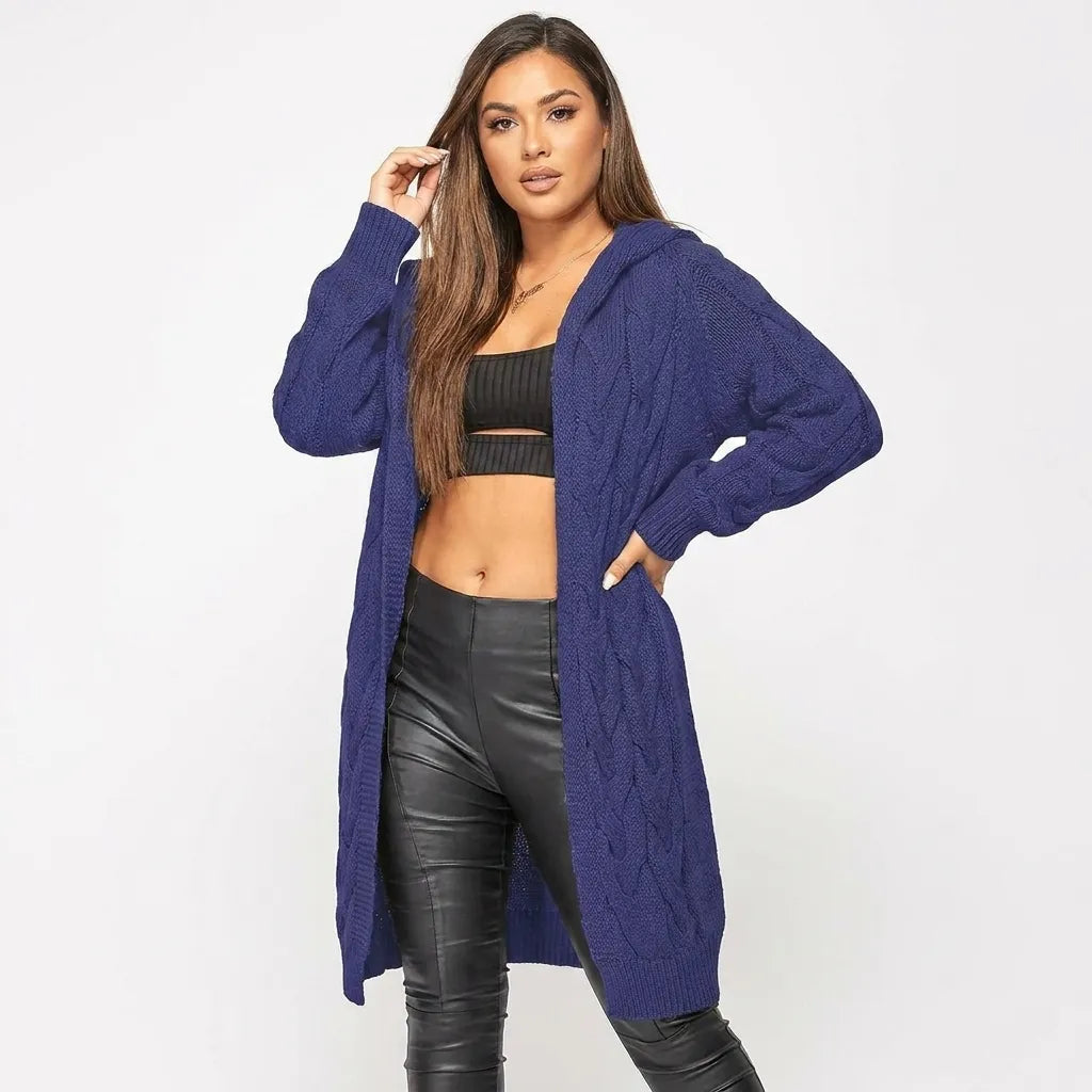 LUXE DIVA Women’s Hooded Cable Knit Longline Cardigan