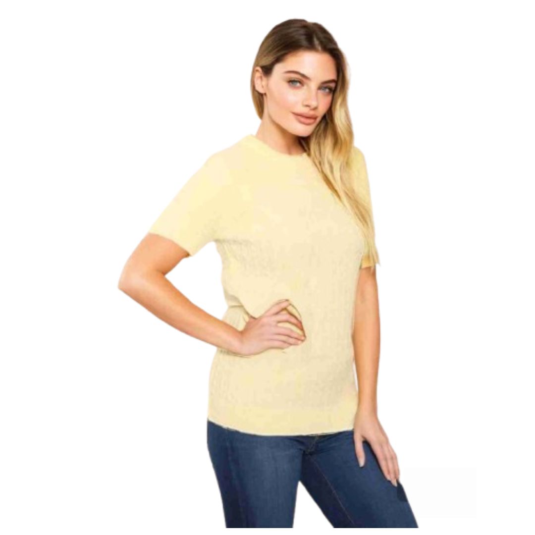 LUXE DIVA Women’s Short Sleeve Soft Smooth Cable Knitted Jumper Ladies Round Neck Oversized Pull Over Knit Warm Sweaters Top Plus Size 8-24