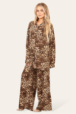 Load image into Gallery viewer, LUXE DIVA LADIES BROWN LEOPARD ITALAIN 2 PIECE SHIRT BLOUSE WITH WIDE LEG PLAZZO TRS SUIT LOUNGE WEAR LOOSE FIT
