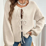Load image into Gallery viewer, LUXE DIVA Women’s Bow Tie Oversized Sweate V Neck Knit Cardigan Cute Long Sleeve Pullover Top

