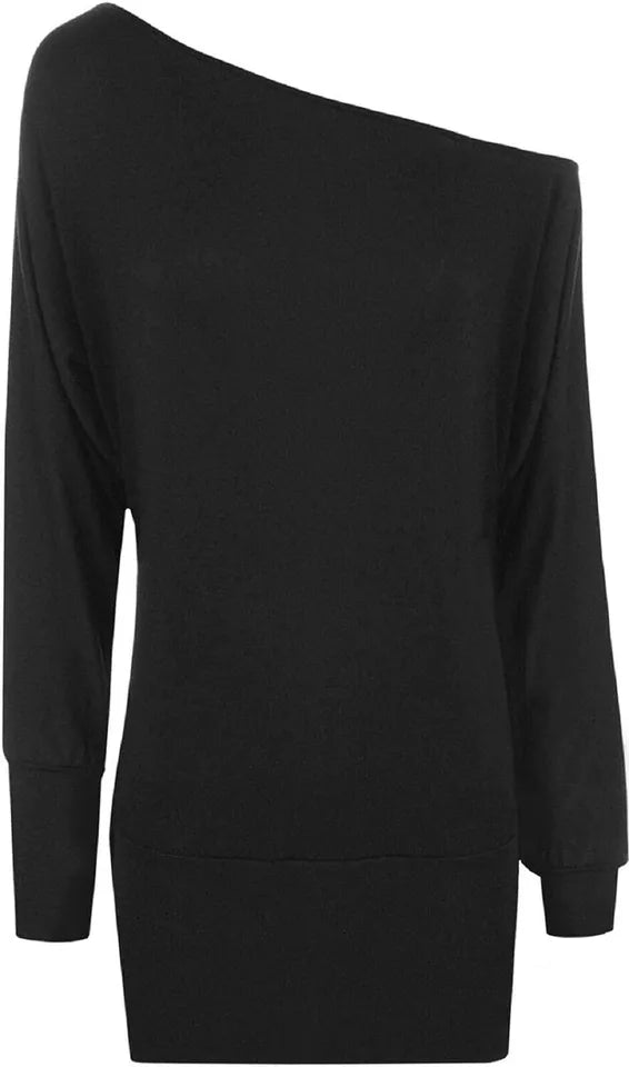 LUXE DIVA One Off-Shoulder Tops with Long Sleeves, Off Shoulder Batwing Jumper, Ladies Batwing Top in Black, Red, White Plus 21 Colors More UK