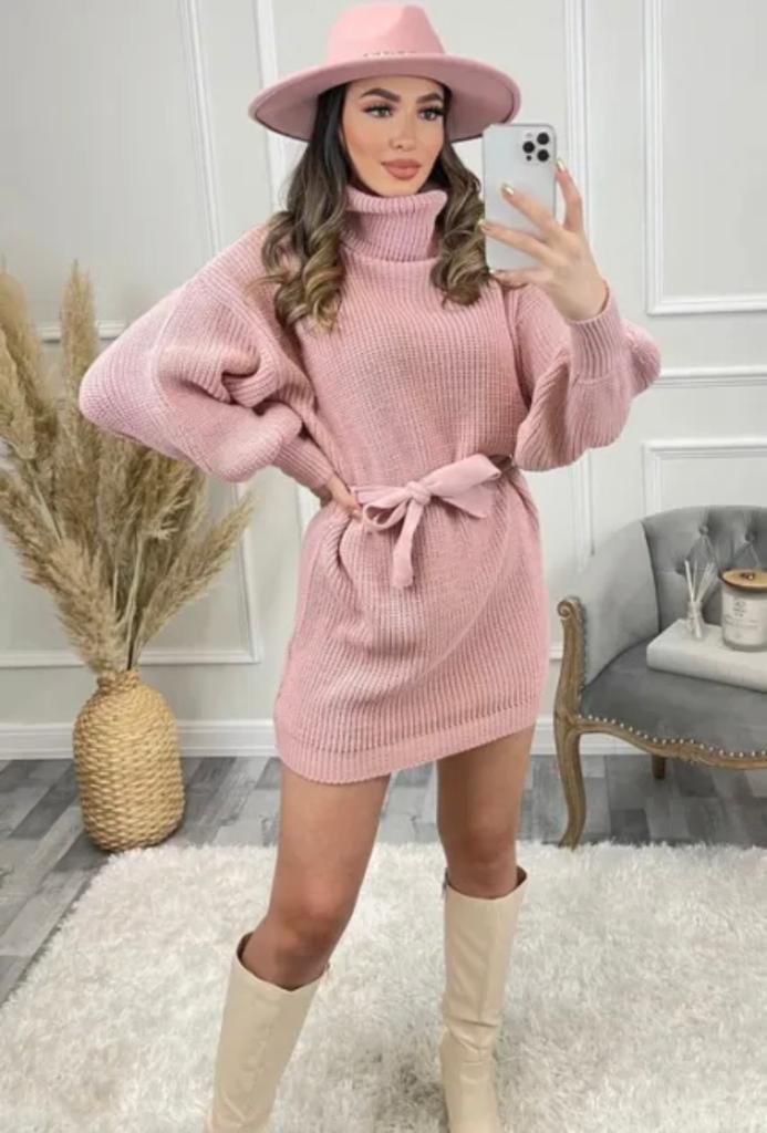 Women's Ladies Knitted Balloon Sleeve Polo Neck Belt Jumper Dress