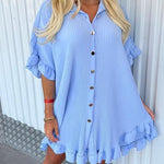 Load image into Gallery viewer, LUXEDIVA Women&#39;s Shirt Dress Pleated Short Sleeve Loose Italian Buttons Plain Detail
