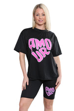 Load image into Gallery viewer, LUXE DIVA Womens Lounge Wear Amour Print Cycling Shorts Co ord T-shirt Set
