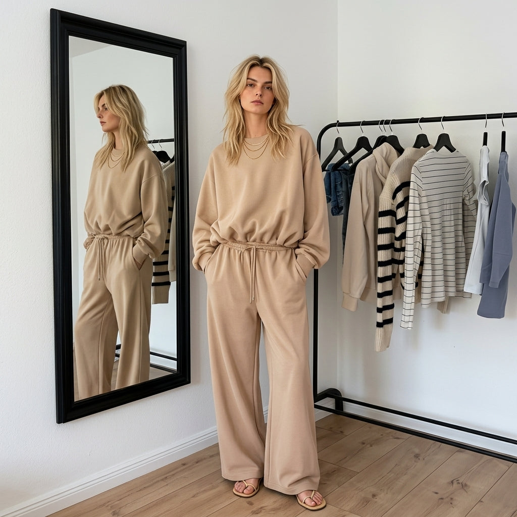 LUXE DIVA Ladies Bubble Top Sweatshirt & Wide Leg Flared Trousers 2 Piece Co-Ord Set