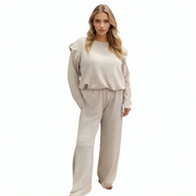LUXE DIVA Ladies Frill arm Long Sleeve 2pcs Women's Wide Flared Leggings Trouser Loungewear Suit