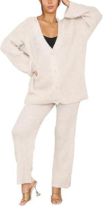 Load image into Gallery viewer, Ladies 2 Piece Italian Knitted 4 Button Cardigan Set Womens Wide Leg Lounge Wear Co-Ord Bottom Tracksuits
