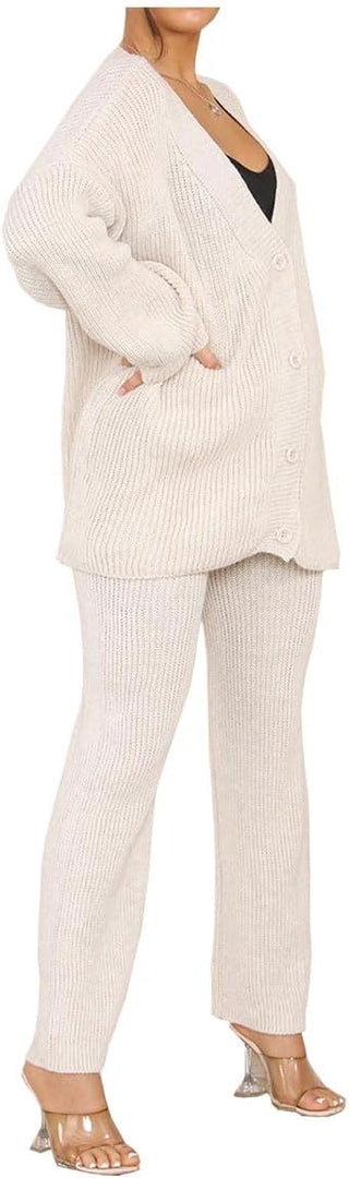 Ladies 2 Piece Italian Knitted 4 Button Cardigan Set Womens Wide Leg Lounge Wear Co-Ord Bottom Tracksuits