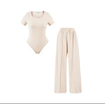 Load image into Gallery viewer, LUXE DIVA Ladies Scoop Neck Short Sleeve Bodysuit And Elasticated Wide Leg Trouser Two Piece Set
