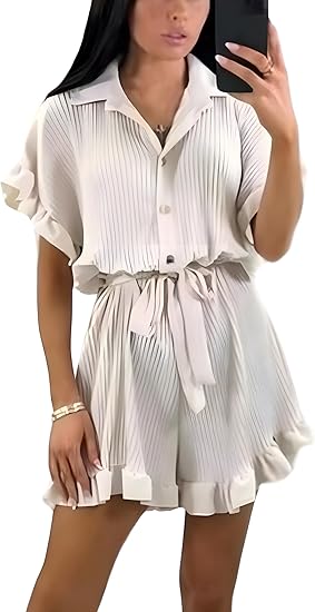 LUXEDIVA Ladies Belted Pleated Collard Smock Frill Shirt Dress Women Gold Button Playsuit