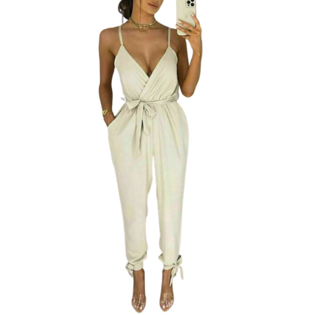 LUXE DIVA Women's V Neck Wrap Over Ankle Tie Waist Jumpsuit Ladies Harem Wide Leg Playsuit