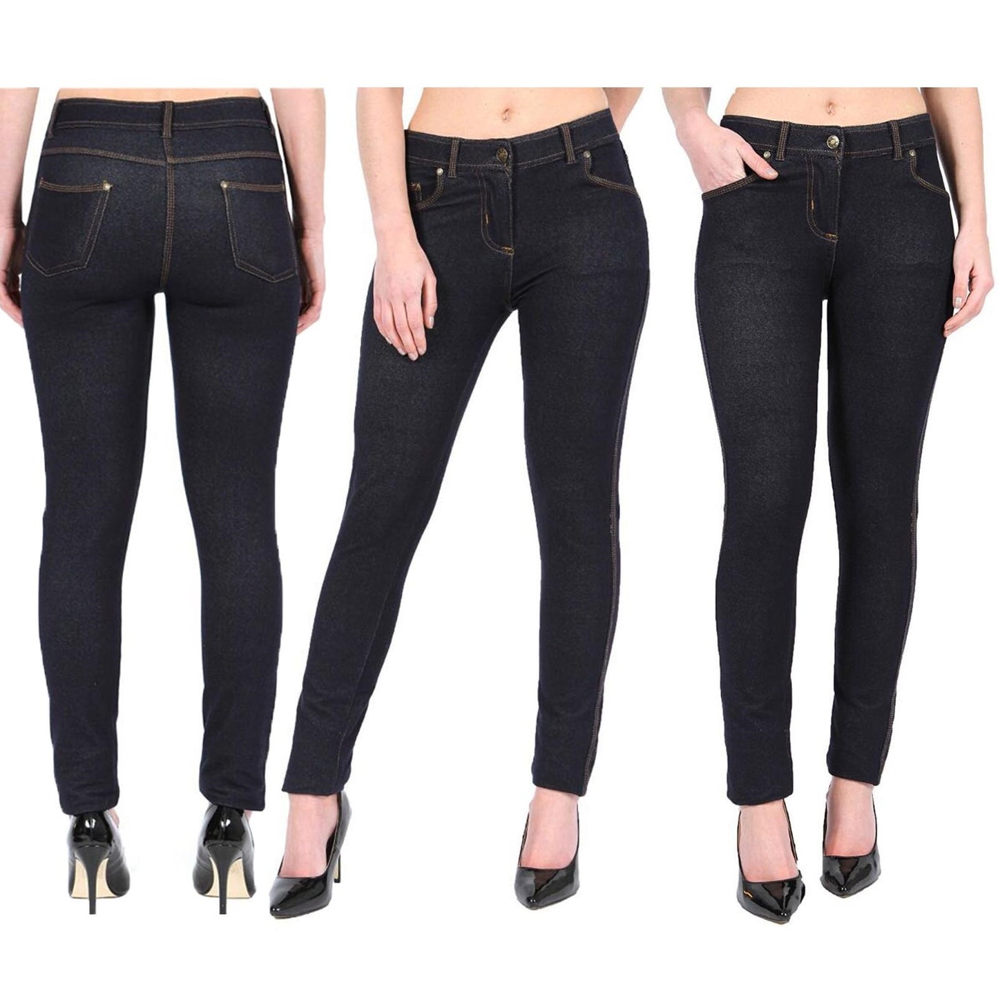 LUXE DIVA Ladies Women & Girls Stretch Denim Look Skinny Jeggings Leggings with Zip and Pockets UK Size 10-22