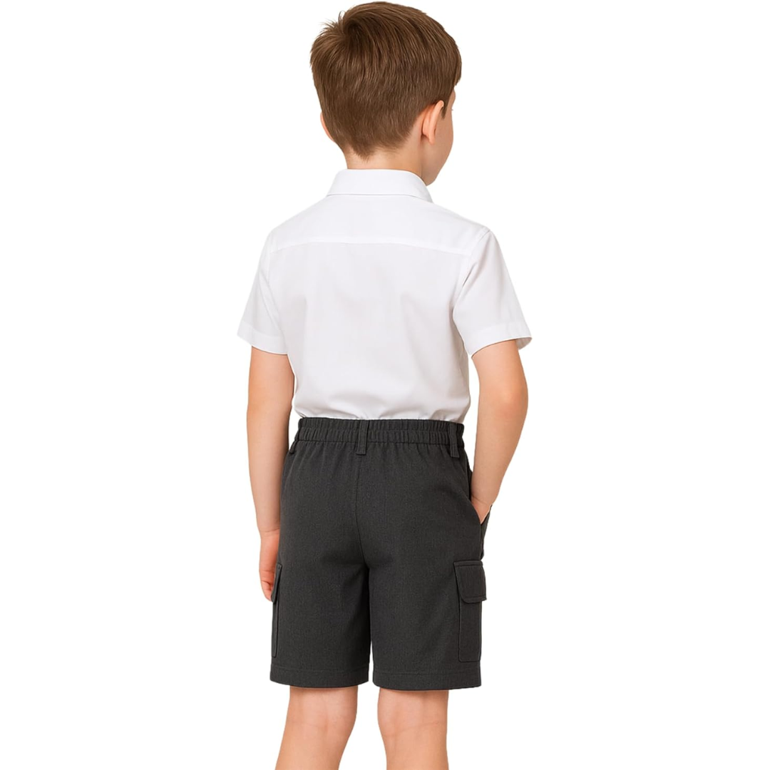 LUXE DIVA Boys School Uniform Cargo Shorts, Teflon-Coated Plain Elasticated Waist Boys Shorts with Zip and Clip Fastening, Black & Grey Uniform Summer Short Pants, Ages 3-13 Years