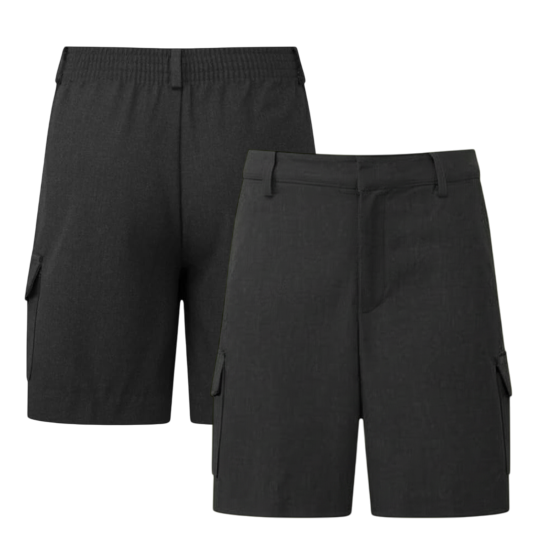 LUXE DIVA Boys School Uniform Cargo Shorts, Teflon-Coated Plain Elasticated Waist Boys Shorts with Zip and Clip Fastening, Black & Grey Uniform Summer Short Pants, Ages 3-13 Years