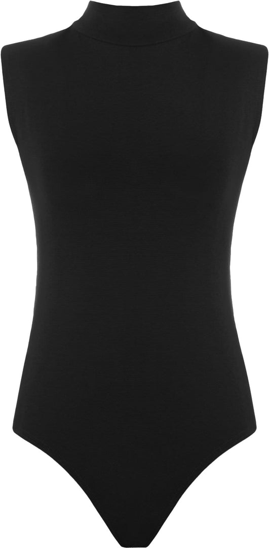 Womens Polo Turtle Neck Bodysuit Ladies Sleeveless Leotard Plain Stretchy Plunge Casual Party T-Shirt Top Sizes 16-22