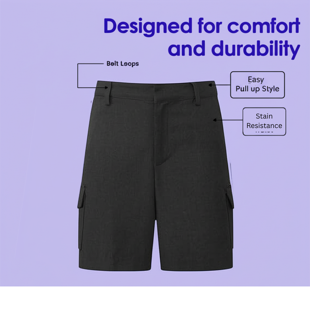LUXE DIVA Boys School Uniform Cargo Shorts, Teflon-Coated Plain Elasticated Waist Boys Shorts with Zip and Clip Fastening, Black & Grey Uniform Summer Short Pants, Ages 3-13 Years