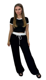 Load image into Gallery viewer, Ladies Women&#39;s ribbed contrast cap sleeve crop top trouser two piece Co ord set
