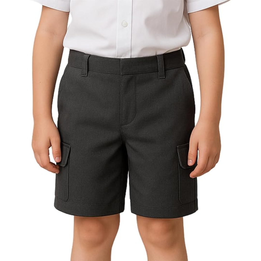 LUXE DIVA Boys School Uniform Cargo Shorts, Teflon-Coated Plain Elasticated Waist Boys Shorts with Zip and Clip Fastening, Black & Grey Uniform Summer Short Pants, Ages 3-13 Years