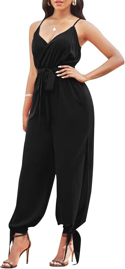 LUXE DIVA Women's V Neck Wrap Over Ankle Tie Waist Jumpsuit Ladies Harem Wide Leg Playsuit
