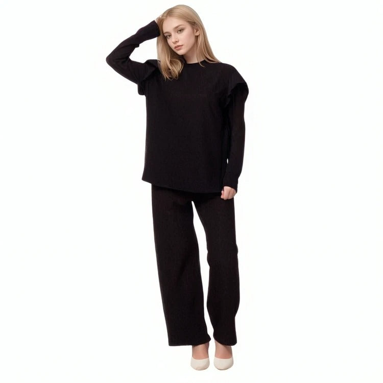 LUXE DIVA Ladies Frill arm Long Sleeve 2pcs Women's Wide Flared Leggings Trouser Loungewear Suit