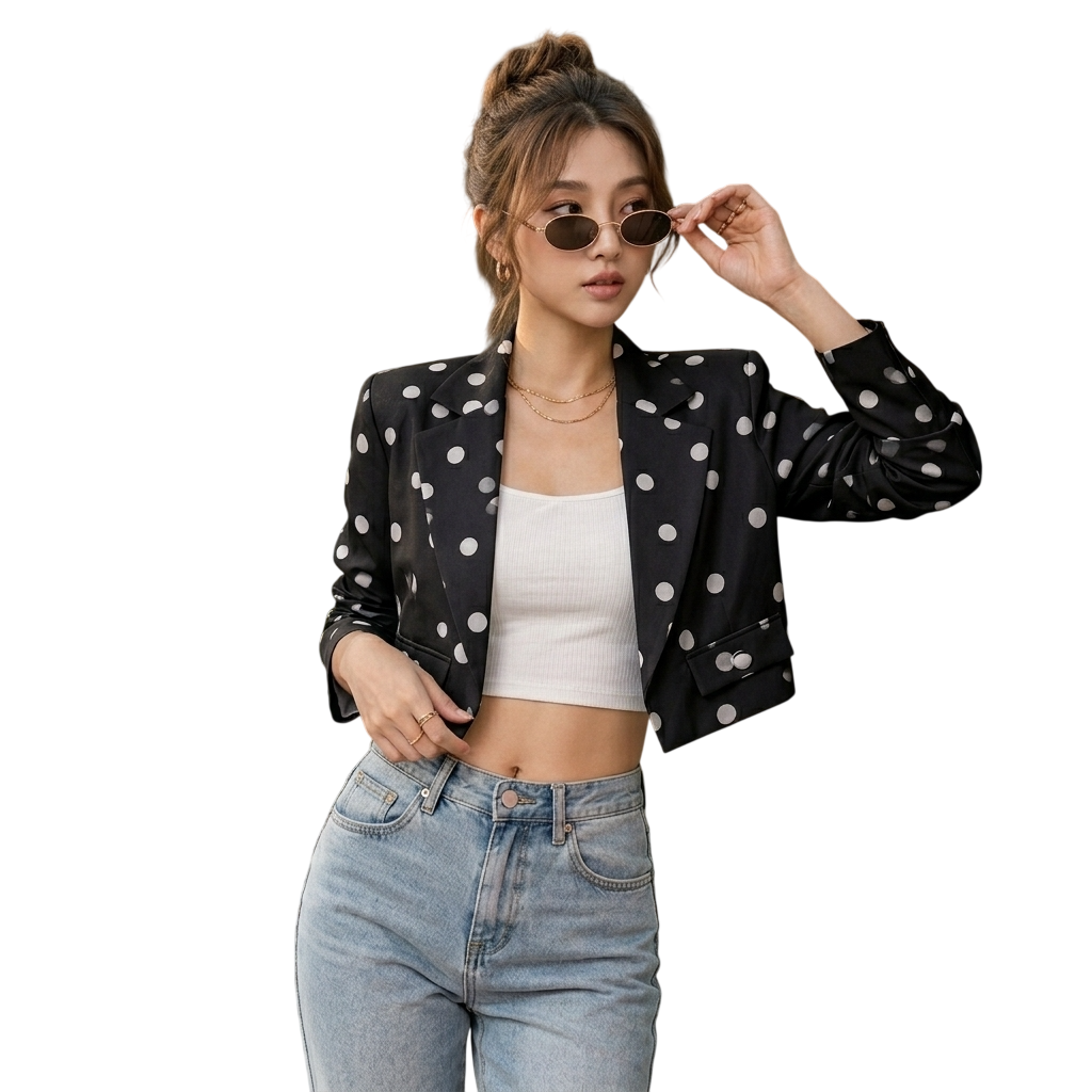 LUXE DIVA LADIES CROP ROUGE SLEEVE POLKA DOT BLAZER