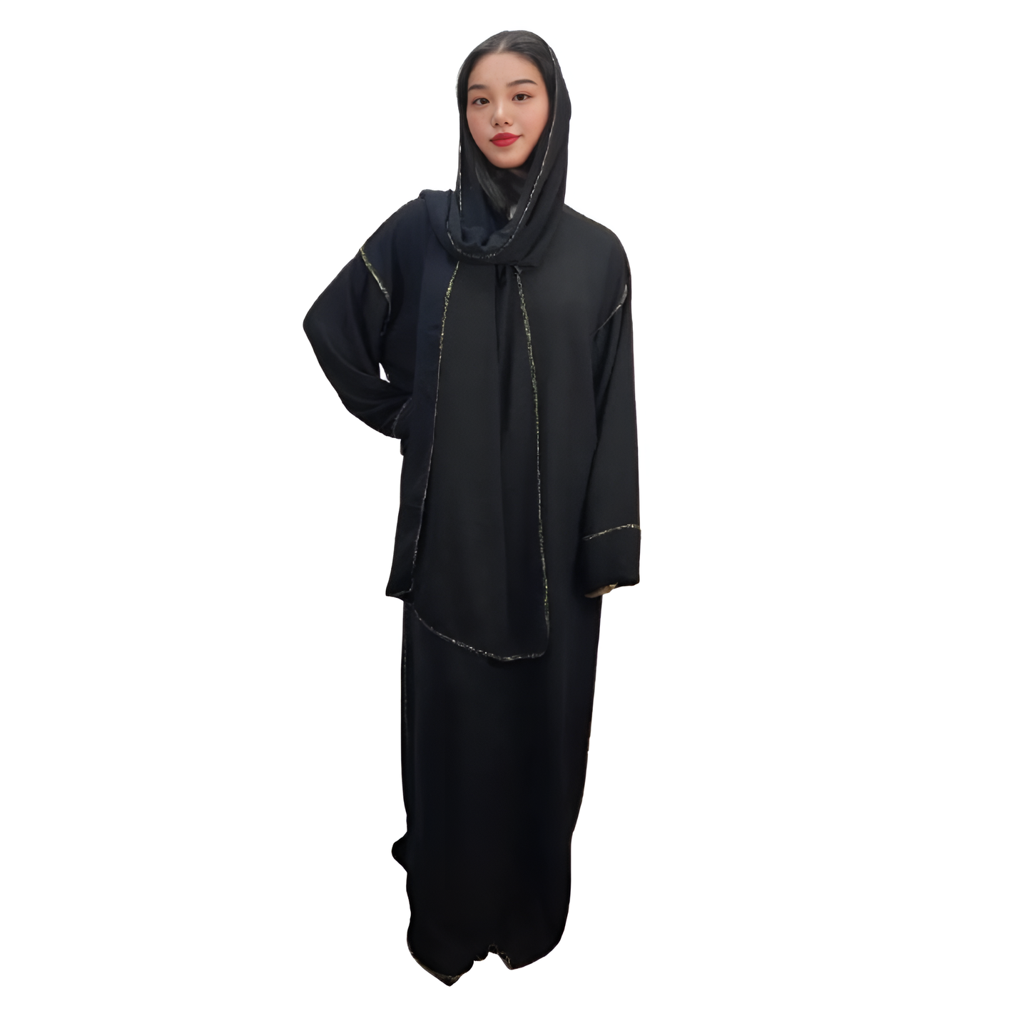 LUXE DIVA Womens Gold Trim Dubai Abaya With Scarf Islamic Muslim Jilbab Long Maxi Dress