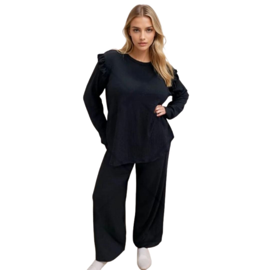 LUXE DIVA Ladies Frill arm Long Sleeve 2pcs Women's Wide Flared Leggings Trouser Loungewear Suit