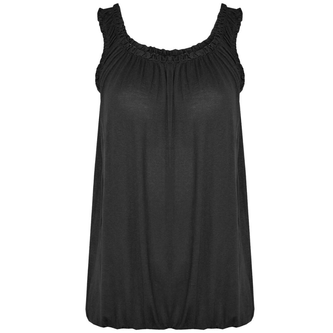 LUXE DIVA Women’s Gathered Round Scoop Neckline Swing Trim Sleeveless Plain Tank Top Wide Straps Ladies Elastic Bubble Hem Summer Camisole Baggy Vest Blouse Top