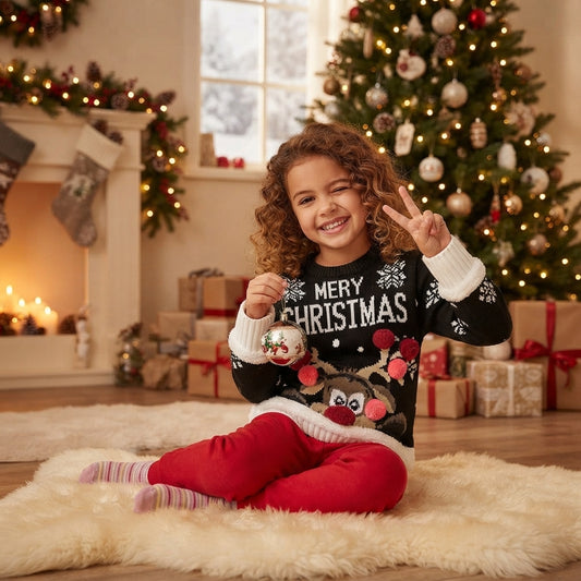 LUXE DIVA Kids Unisex Knitted Christmas Round Neck Jumper: Rudolph