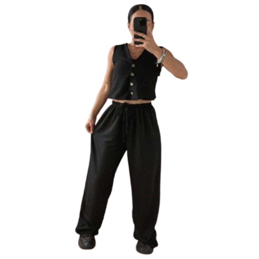 LUXE DIVA New Two Piece Wide Leg Pants Set Women's Spring New V-Neck Sleeveless Vest with Hanging Wide Leg Pants Casual Set