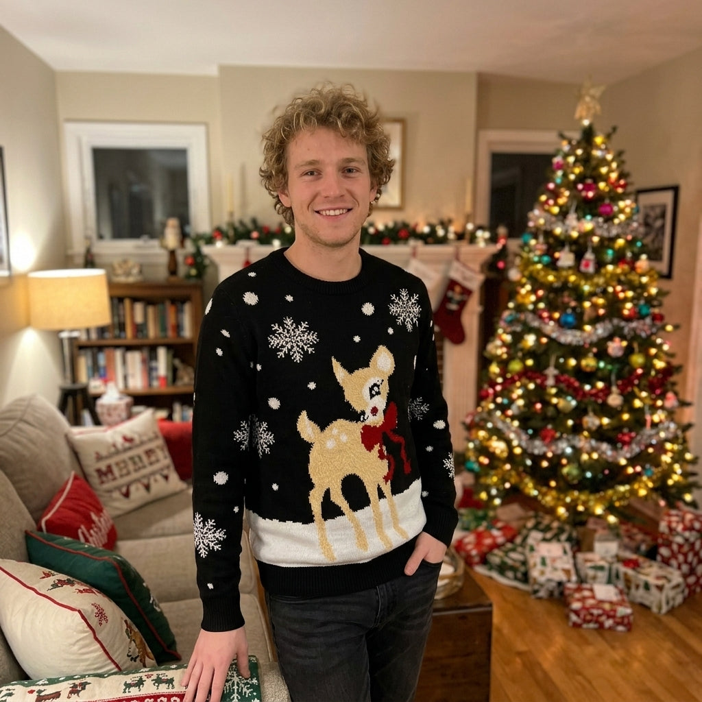 LUXE DIVA Men's Christmas Jumper – Cute Reindeer & Snowflake Knitted Xmas Sweater