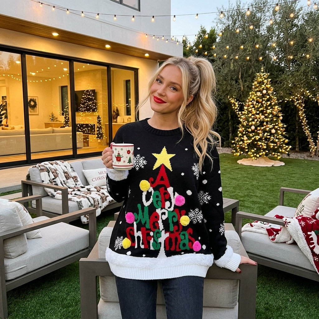 LUXE DIVA Ladies "Very Merry Christmas" Knitted Jumper Dress | Long Sleeve Festive Xmas Sweater