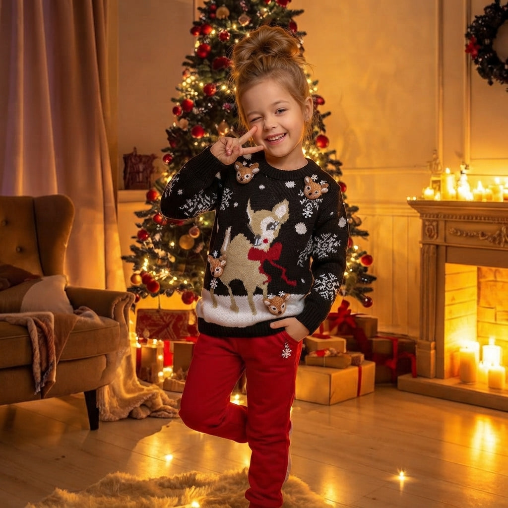 LUXE DIVA Kids Christmas Jumper Boys Girls Festive Reindeer Bambi Snowflake Sweater