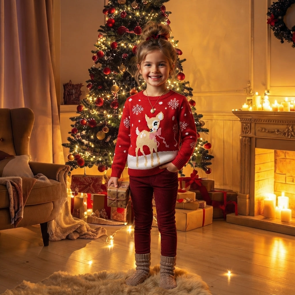 LUXE DIVA Kids Christmas Jumper Boys Girls Festive Reindeer Bambi Snowflake Sweater