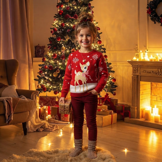LUXE DIVA Kids Bambi Christmas Jumper Festive Reindeer Winter Sweater