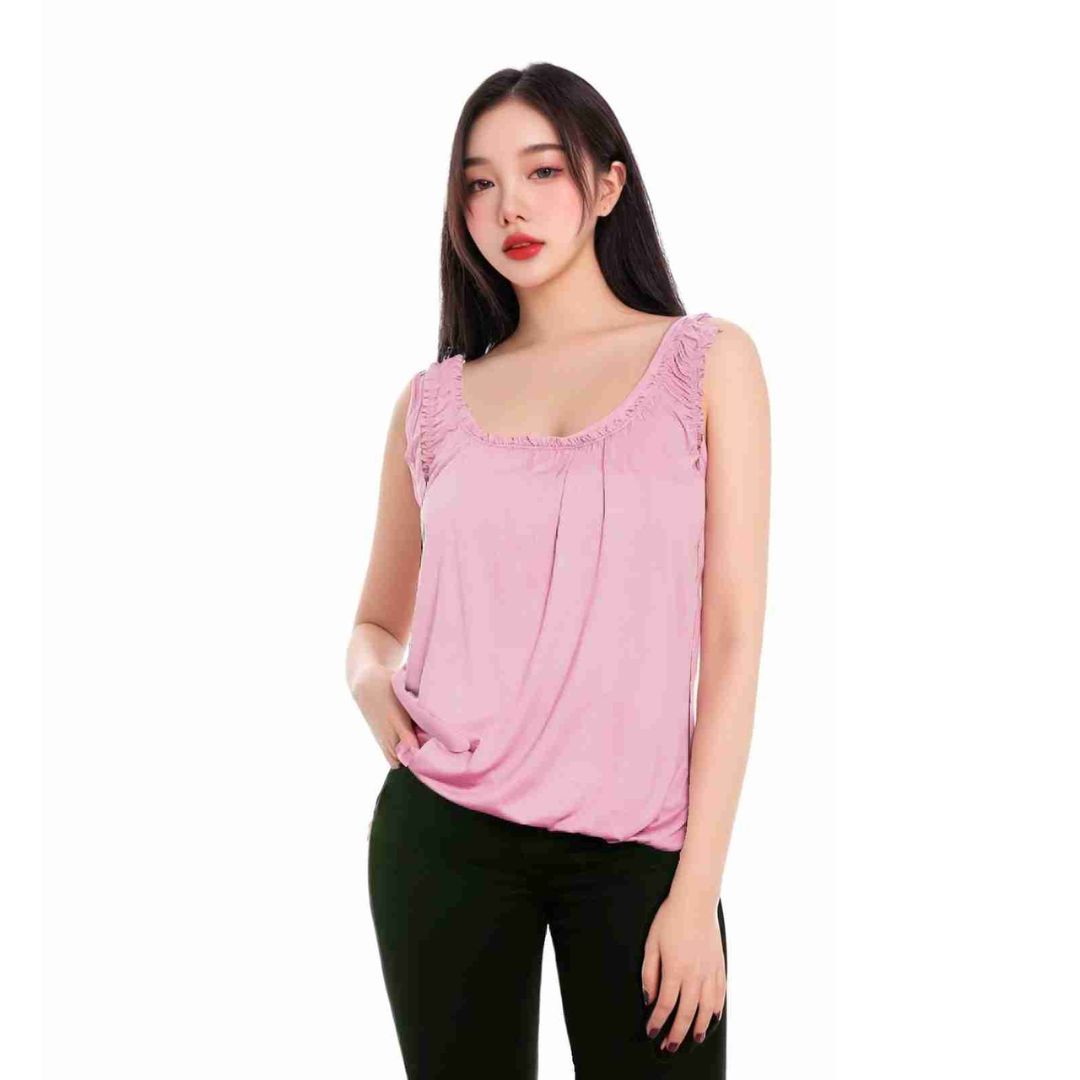 LUXE DIVA Women’s Gathered Round Scoop Neckline Swing Trim Sleeveless Plain Tank Top Wide Straps Ladies Elastic Bubble Hem Summer Camisole Baggy Vest Blouse Top