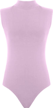Womens Polo Turtle Neck Bodysuit Ladies Sleeveless Leotard Plain Stretchy Plunge Casual Party T-Shirt Top Sizes 8-14