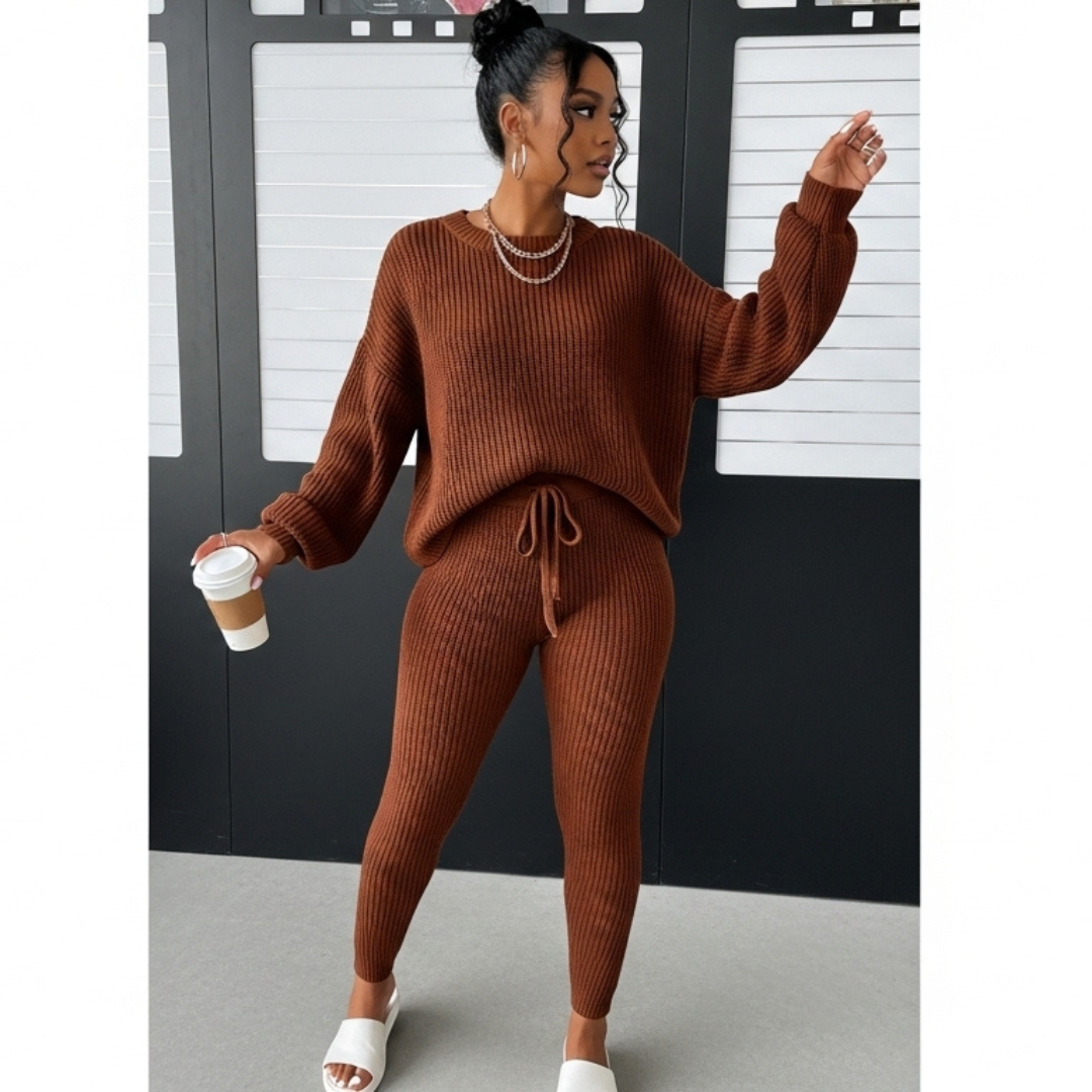 Women's Solid Drop Shoulder Sweater Set, 2024 New Drop Shoulder Rib-Knit Sweater & Pants Set