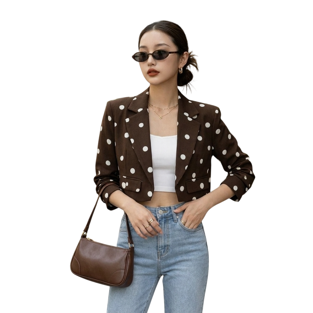 LUXE DIVA LADIES CROP ROUGE SLEEVE POLKA DOT BLAZER