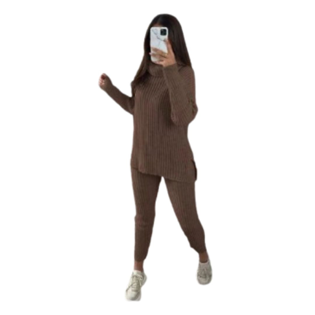 LUXE DIVA Ladies Chunky Cable Knitted Polo High Neck Top Leggings Lounge wear Suit Set
