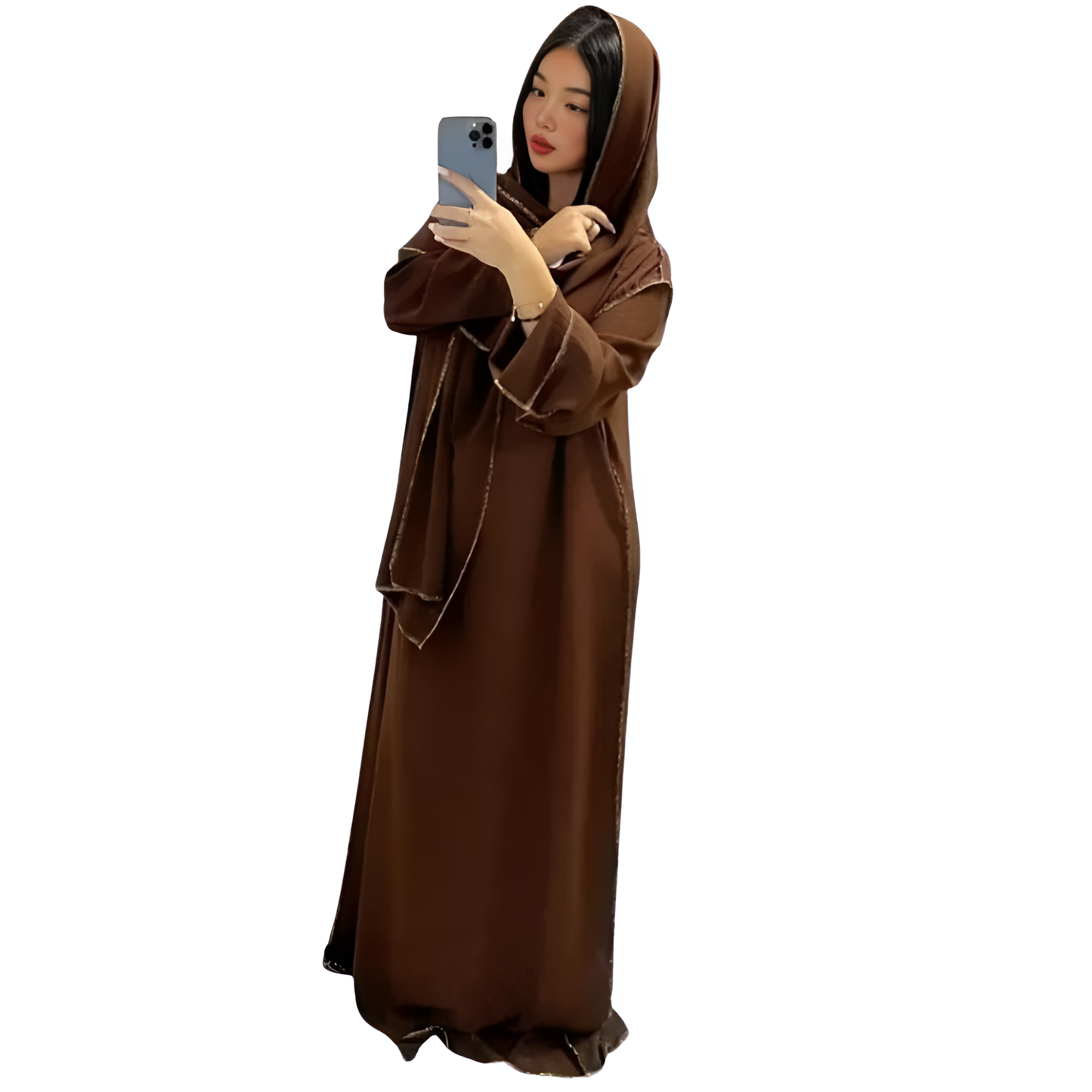 LUXE DIVA Womens Gold Trim Dubai Abaya With Scarf Islamic Muslim Jilbab Long Maxi Dress