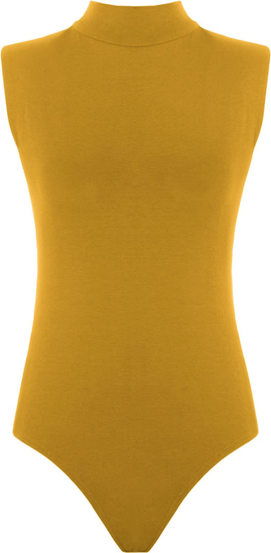 Womens Polo Turtle Neck Bodysuit Ladies Sleeveless Leotard Plain Stretchy Plunge Casual Party T-Shirt Top Sizes 16-22