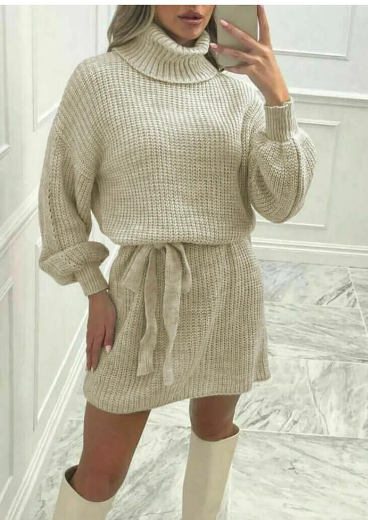 Women's Ladies Knitted Balloon Sleeve Polo Neck Belt Jumper Dress