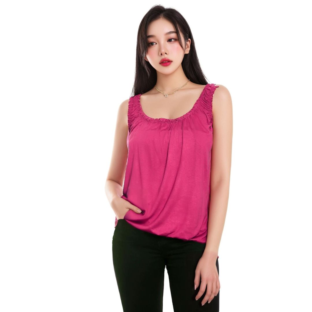 LUXE DIVA Women’s Gathered Round Scoop Neckline Swing Trim Sleeveless Plain Tank Top Wide Straps Ladies Elastic Bubble Hem Summer Camisole Baggy Vest Blouse Top