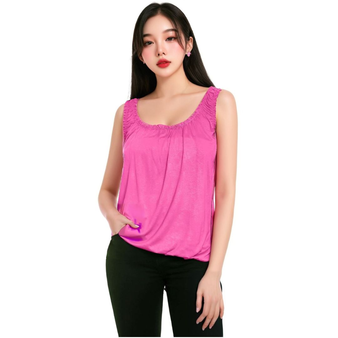 LUXE DIVA Women’s Gathered Round Scoop Neckline Swing Trim Sleeveless Plain Tank Top Wide Straps Ladies Elastic Bubble Hem Summer Camisole Baggy Vest Blouse Top
